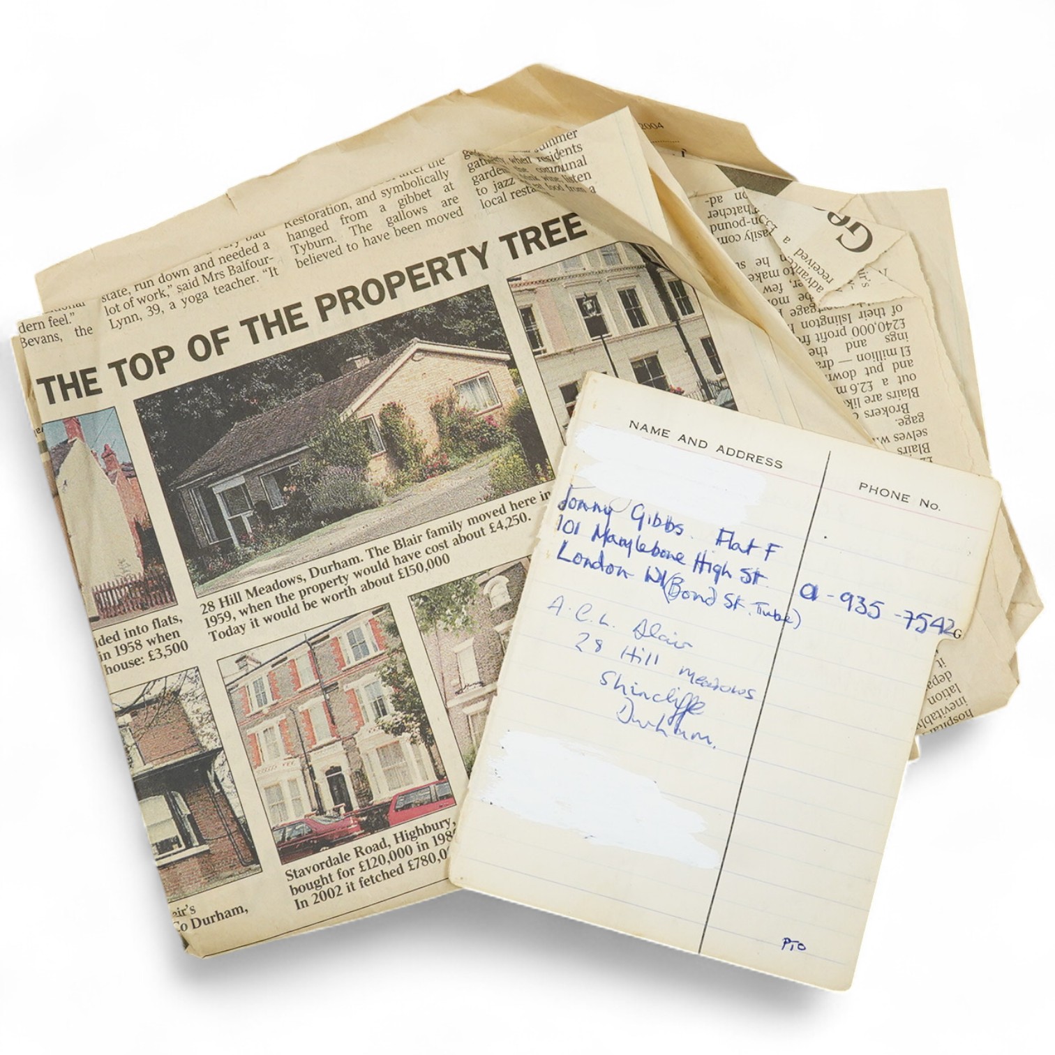 A page from an address book with a hand written entry by Sir Tony Blair, reading; ‘A.C.L. Blair, 28 Hill Meadows, Shincliffe, Durham’, together with a newspaper cutting about the childhood home of the ex-Prime Minister,